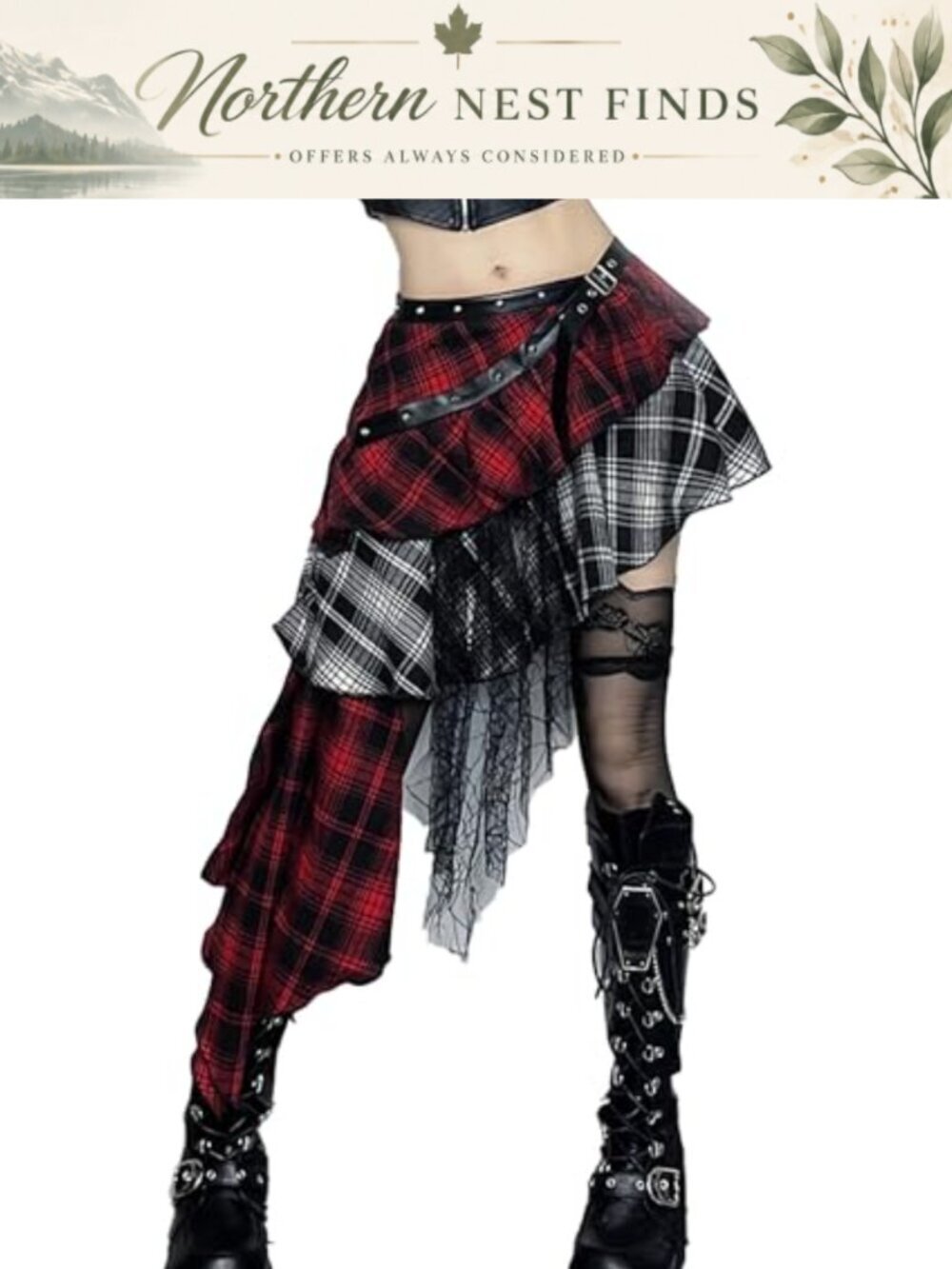 Women's High Waist Mini A-Line Skirt Gothic Punk Plaid Lace-Up Y2K Pleated